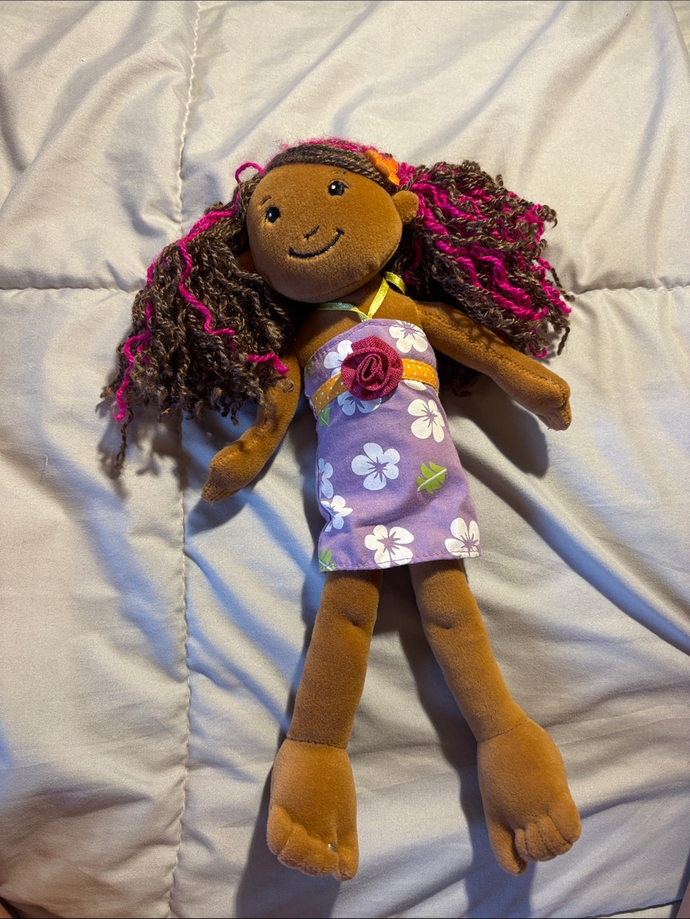 Plush Girl Doll in Purple Floral Dress with Pink-Accented Hair